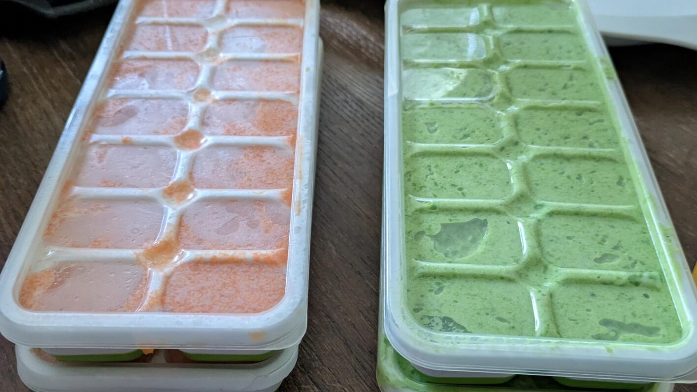 Homemade baby food in ice cube trays.